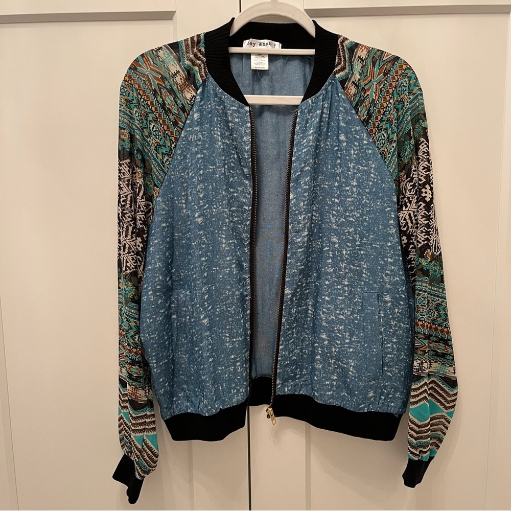 Blue Bomber Lightweight Jacket w/ Sheer Patterned Sleeves - Size Large - Picture 2 of 6